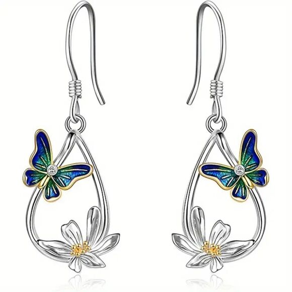 New - Teardrop Shape Butterfly and Flower Hook Dangle Earrings - Picture 1 of 8